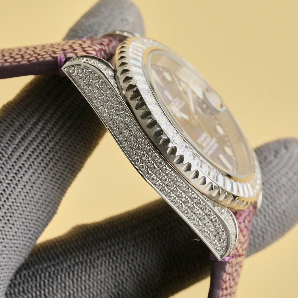 Rolex Submariner watch close-up, faceted diamond bezel edge, purple textured leather strap