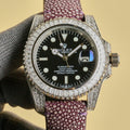 Rolex Submariner wristwatch with black dial, jeweled bezel, purple textured leather strap
