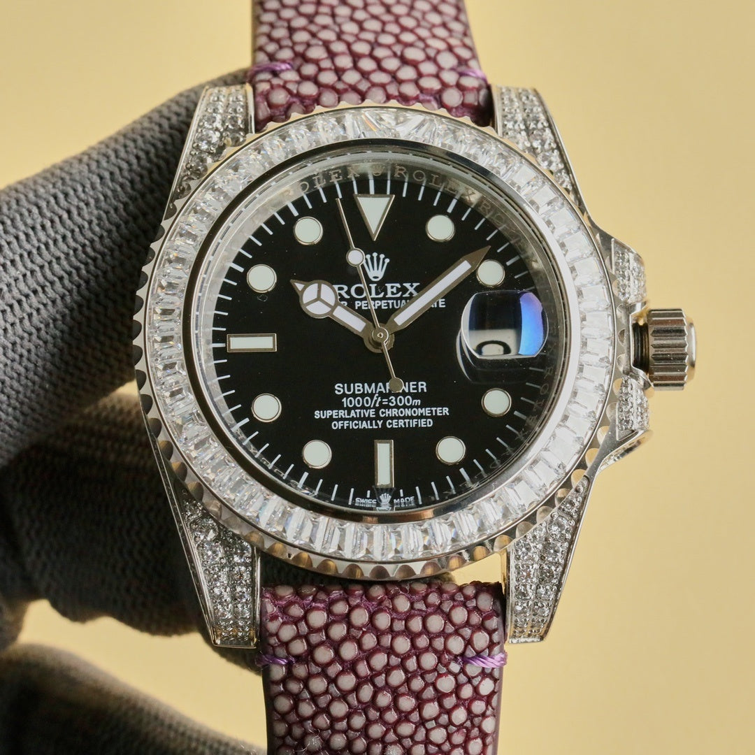 Rolex Submariner wristwatch with black dial, jeweled bezel, purple textured leather strap