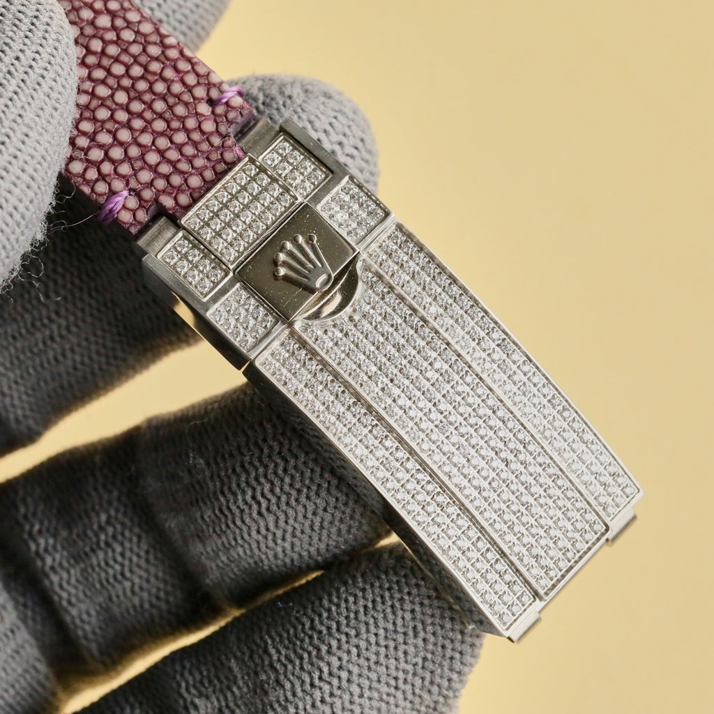 Rolex Submariner buckle with diamond-like finish and purple textured leather strap