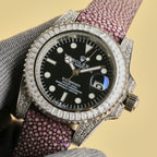 Rolex Submariner wristwatch with black dial, jeweled bezel, purple textured leather strap