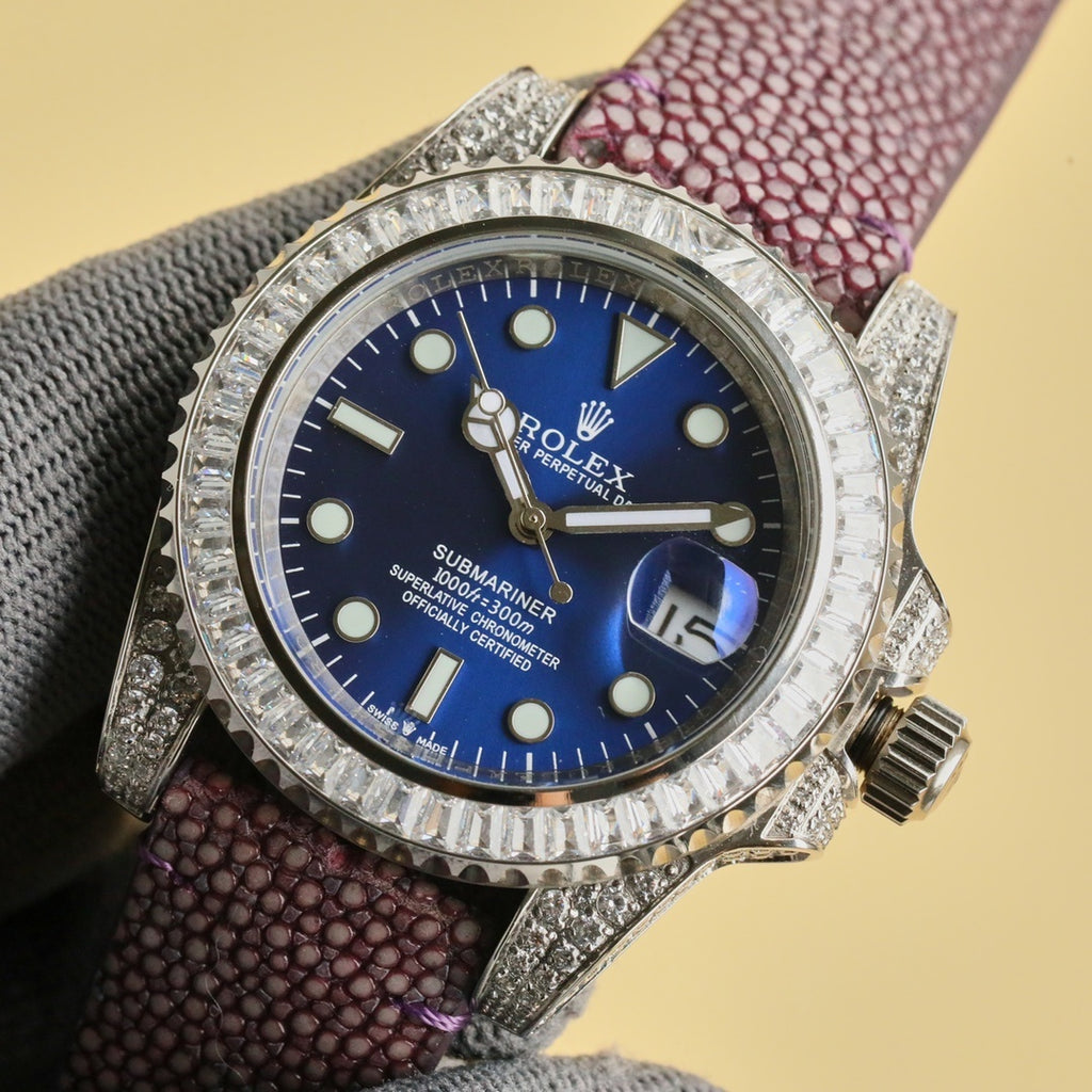 Rolex Submariner wristwatch with blue dial, jeweled bezel, purple textured leather strap