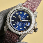 Rolex Submariner wristwatch with blue dial, jeweled bezel, purple textured leather strap