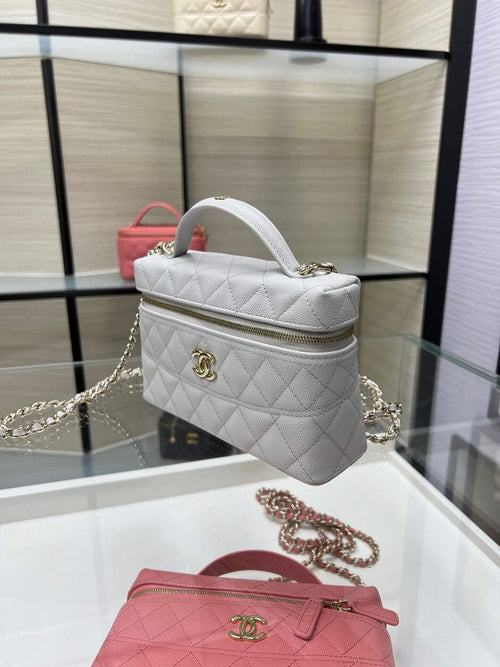 Chanel quilted top-handle bag with chain strap, light gray with gold-tone hardware