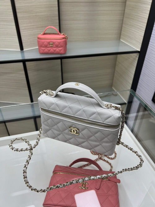 Chanel quilted shoulder bag set: light gray with chain, and pink top-handle mini