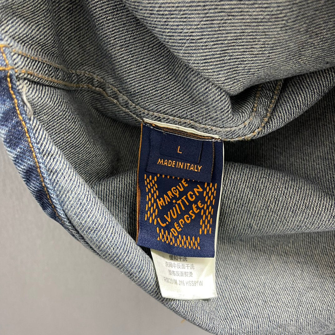 Denim jacket size tag showing L and Made in Italy