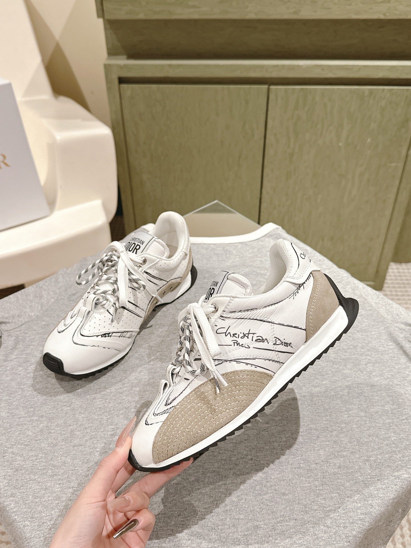 Dior unisex sneakers, white upper with beige suede panel and black sole