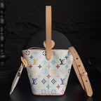 Louis Vuitton monogram bucket bag with tan shoulder strap, zipper pocket, colorful logo print