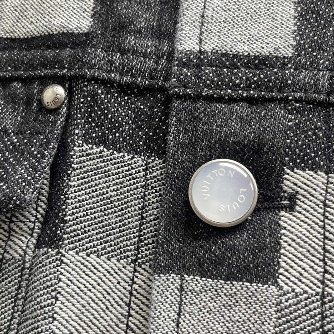 Louis Vuitton checkered denim jacket pocket with round metal button and logo
