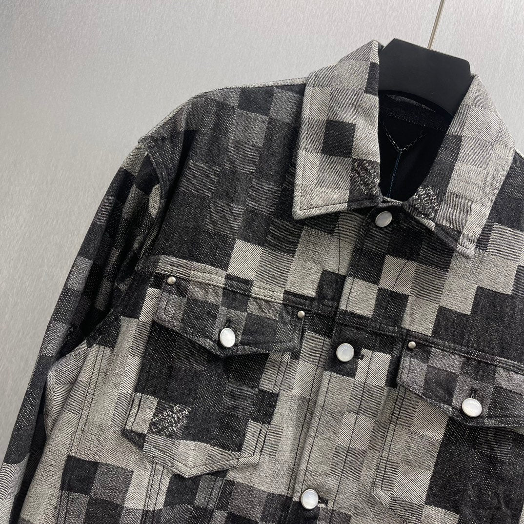 Louis Vuitton checkered denim jacket with pointed collar and button flap chest pockets