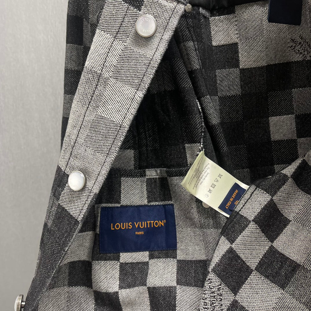 Louis Vuitton checkered denim jacket with blue inner label tag and buttoned pocket flap