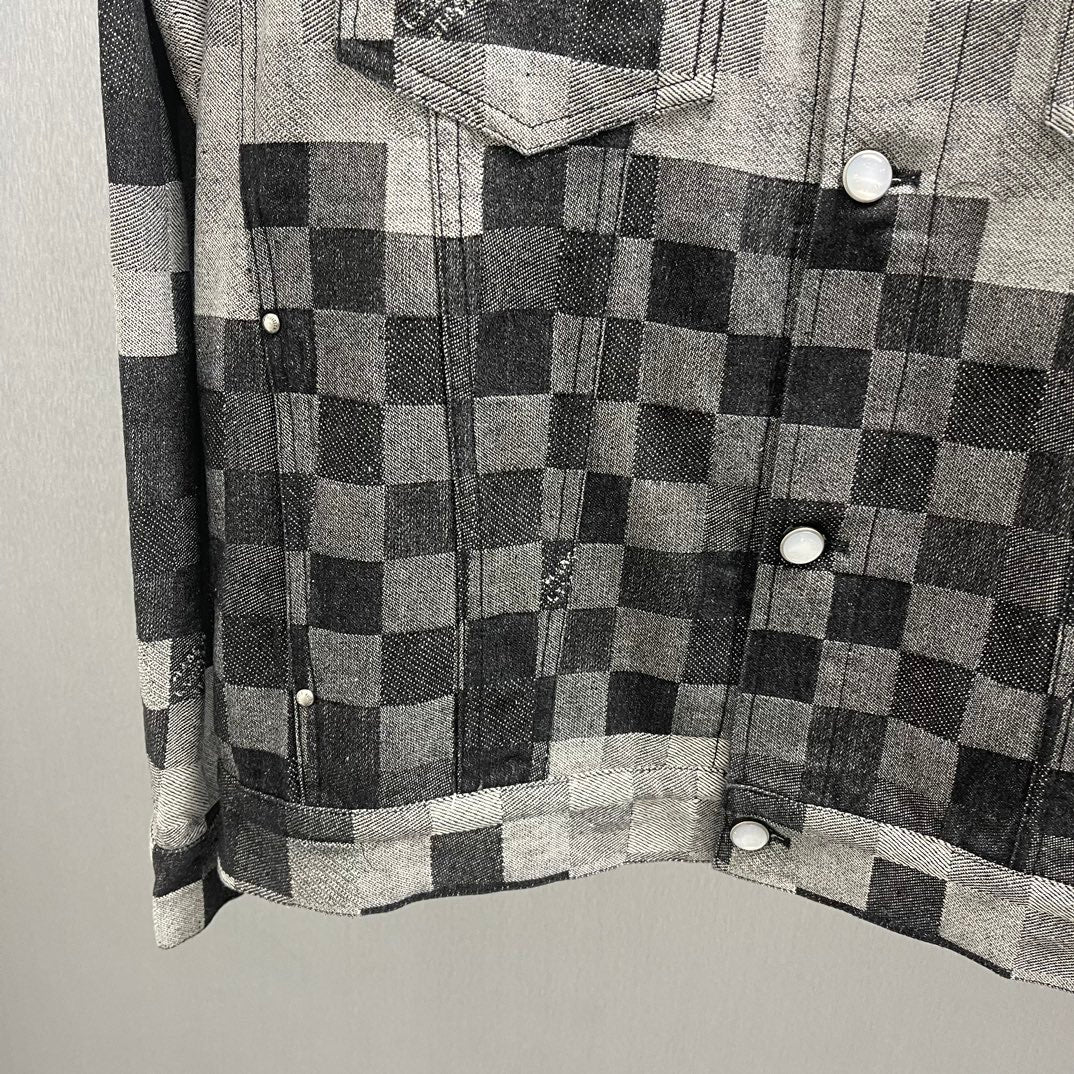 Checkered denim jacket with button front, chest pocket, and long sleeves