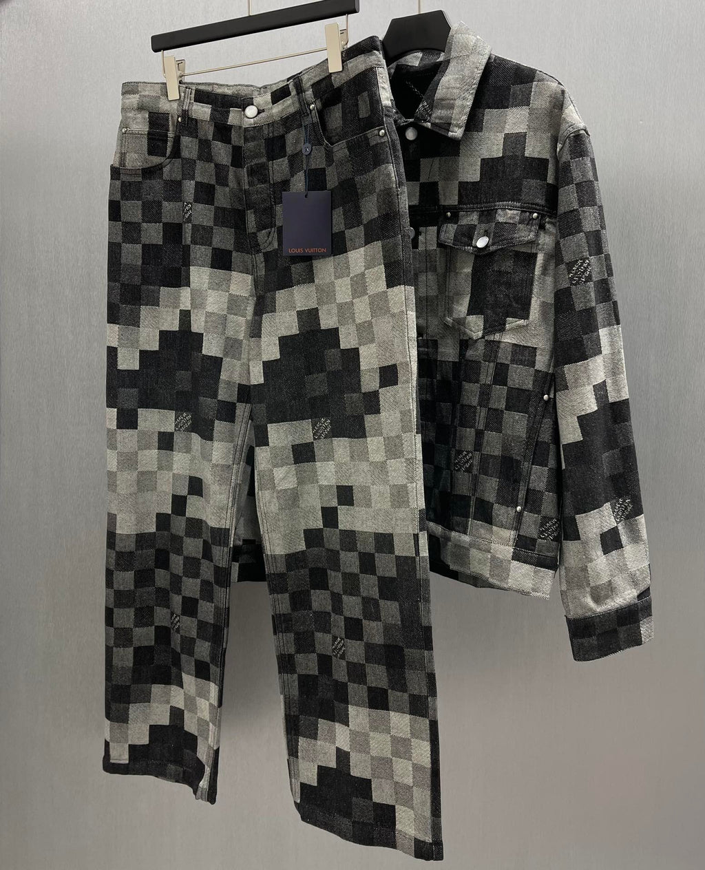 Louis Vuitton checkered denim jacket and matching pants set, front view