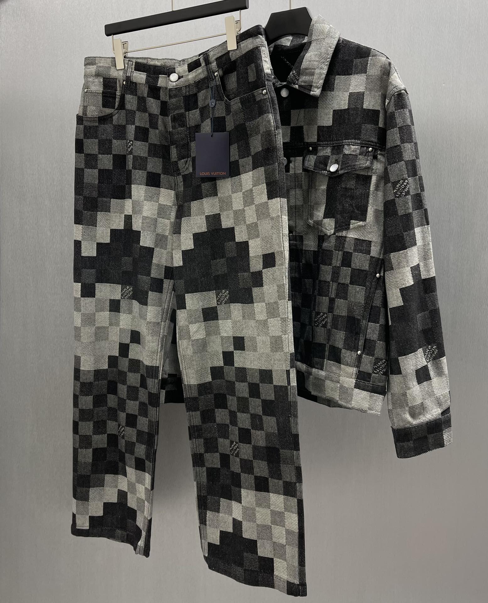Louis Vuitton checkered denim jacket and matching pants set, front view