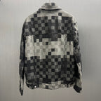 Louis Vuitton checkered denim jacket back view with buttoned pockets and collar