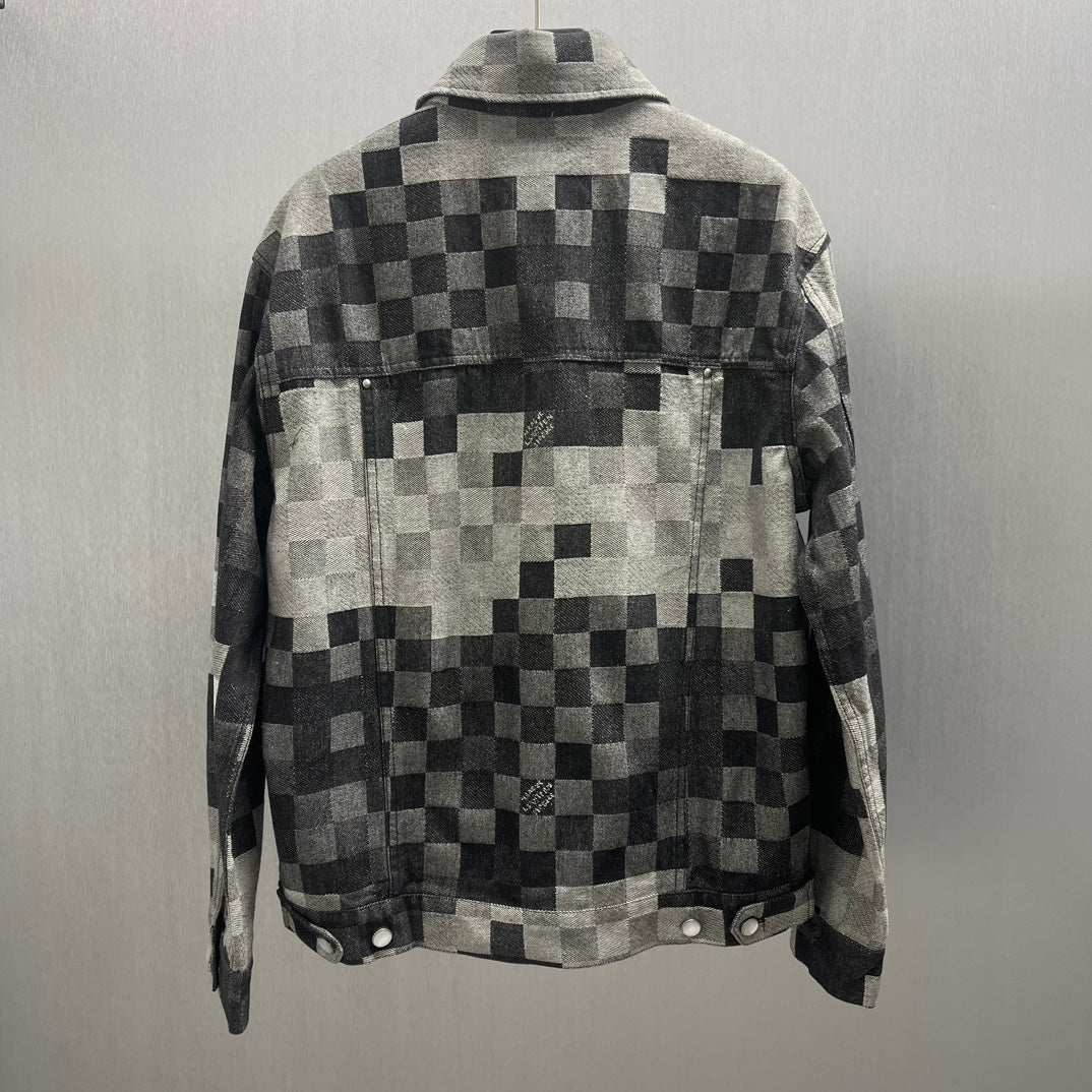 Louis Vuitton checkered denim jacket back view with buttoned pockets and collar