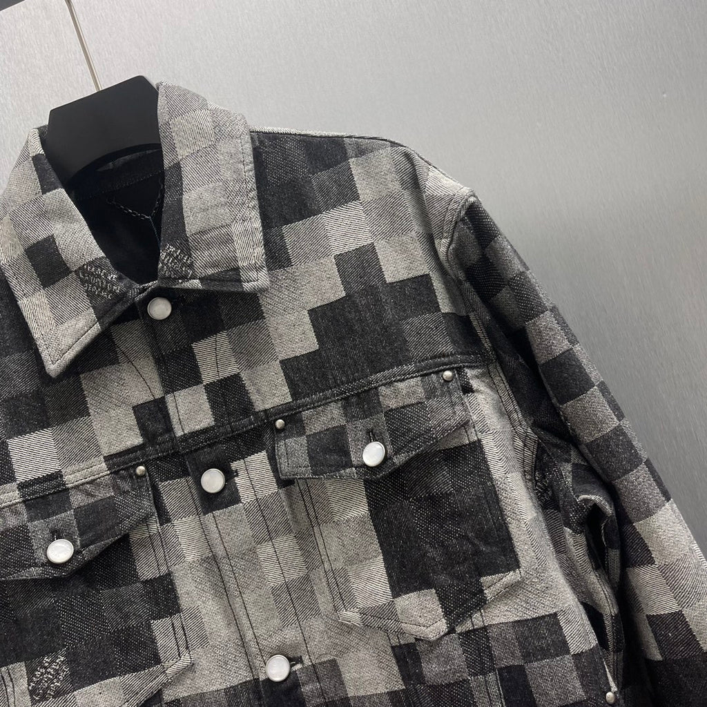 Louis Vuitton checkered denim jacket close-up of chest flap pockets and snap buttons