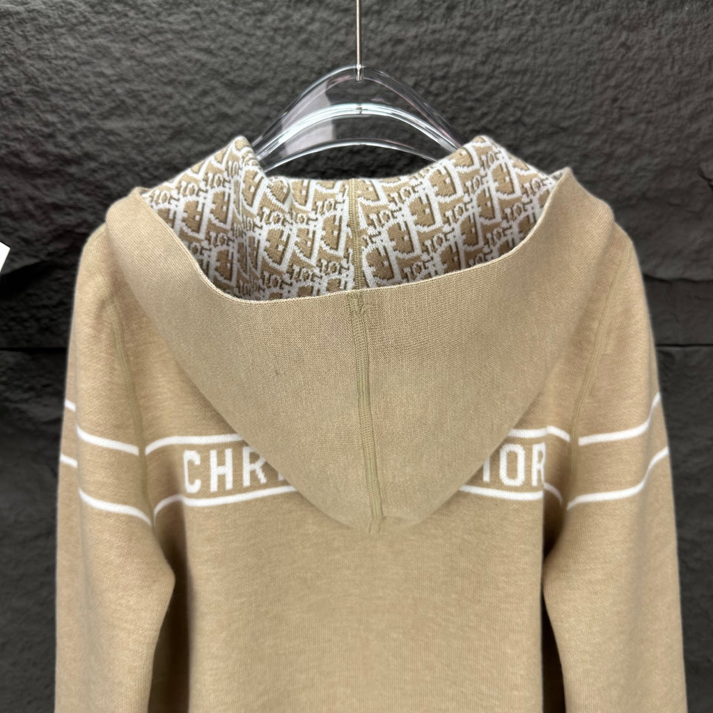 Beige zip-up hoodie with hood and allover DIOR monogram pattern