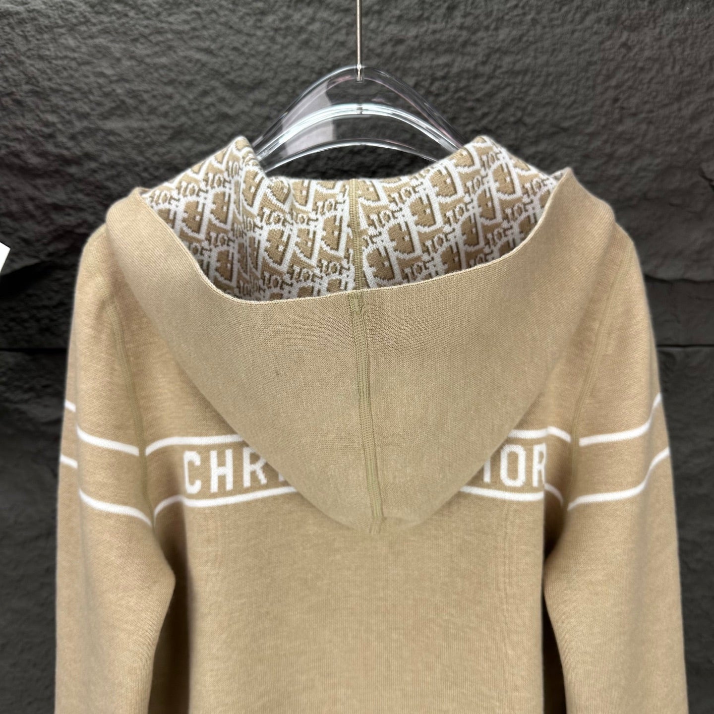 Beige zip-up hoodie with hood and allover DIOR monogram pattern
