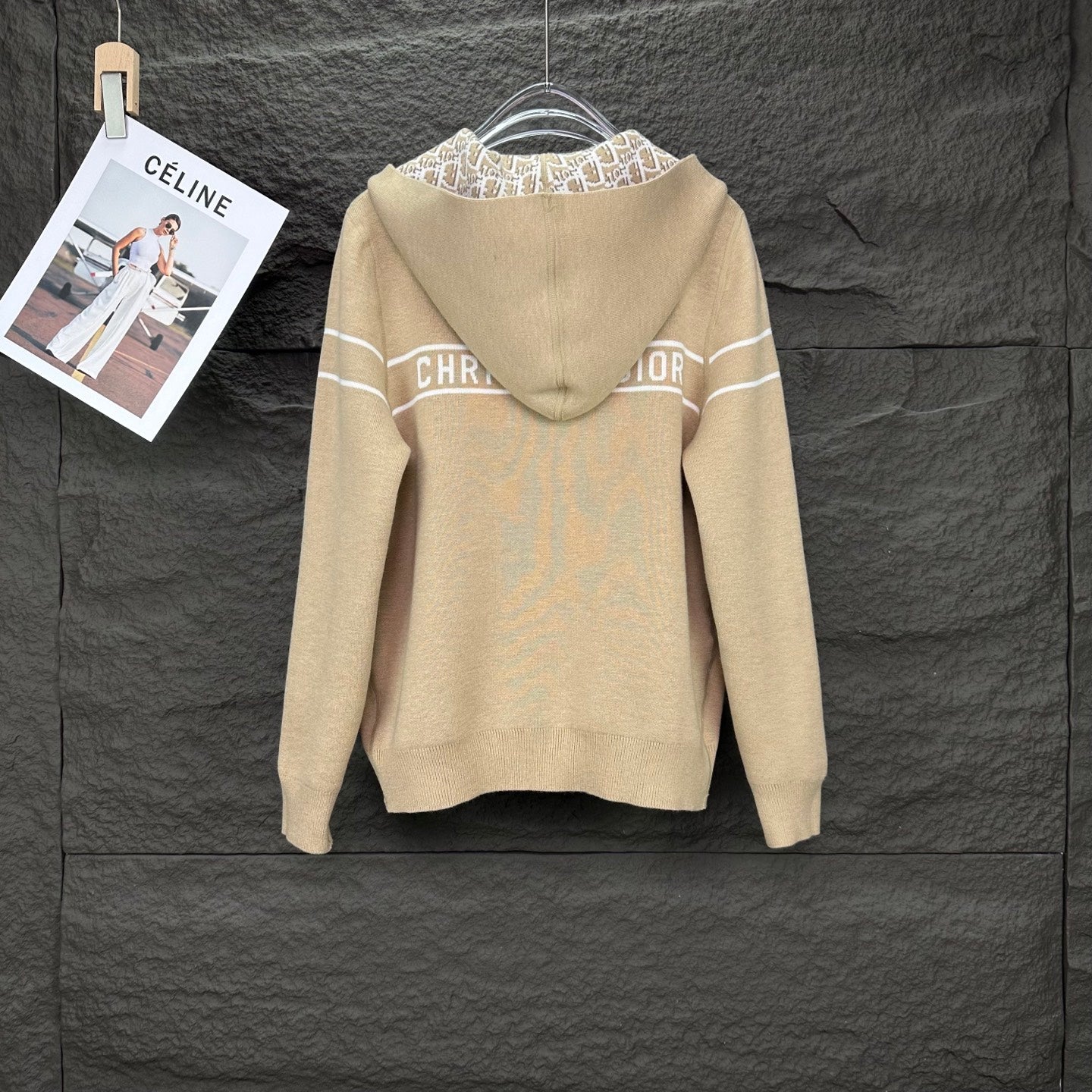 Beige knit zip hoodie with hood and back striped detail, long sleeves