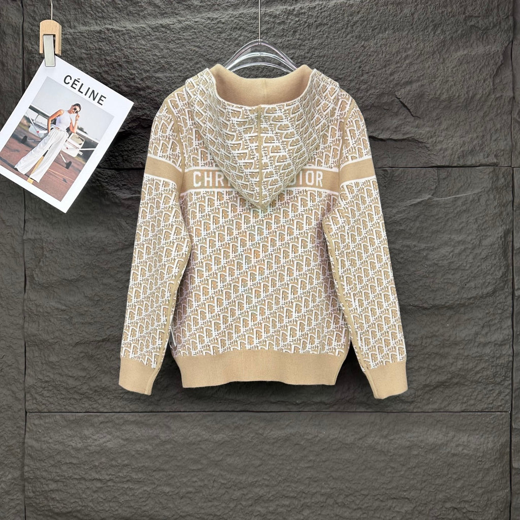 Beige knit hooded zip jacket with white monogram print and CHR DIOR lettering