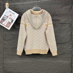 Beige knit hooded zip jacket with white monogram print and CHR DIOR lettering