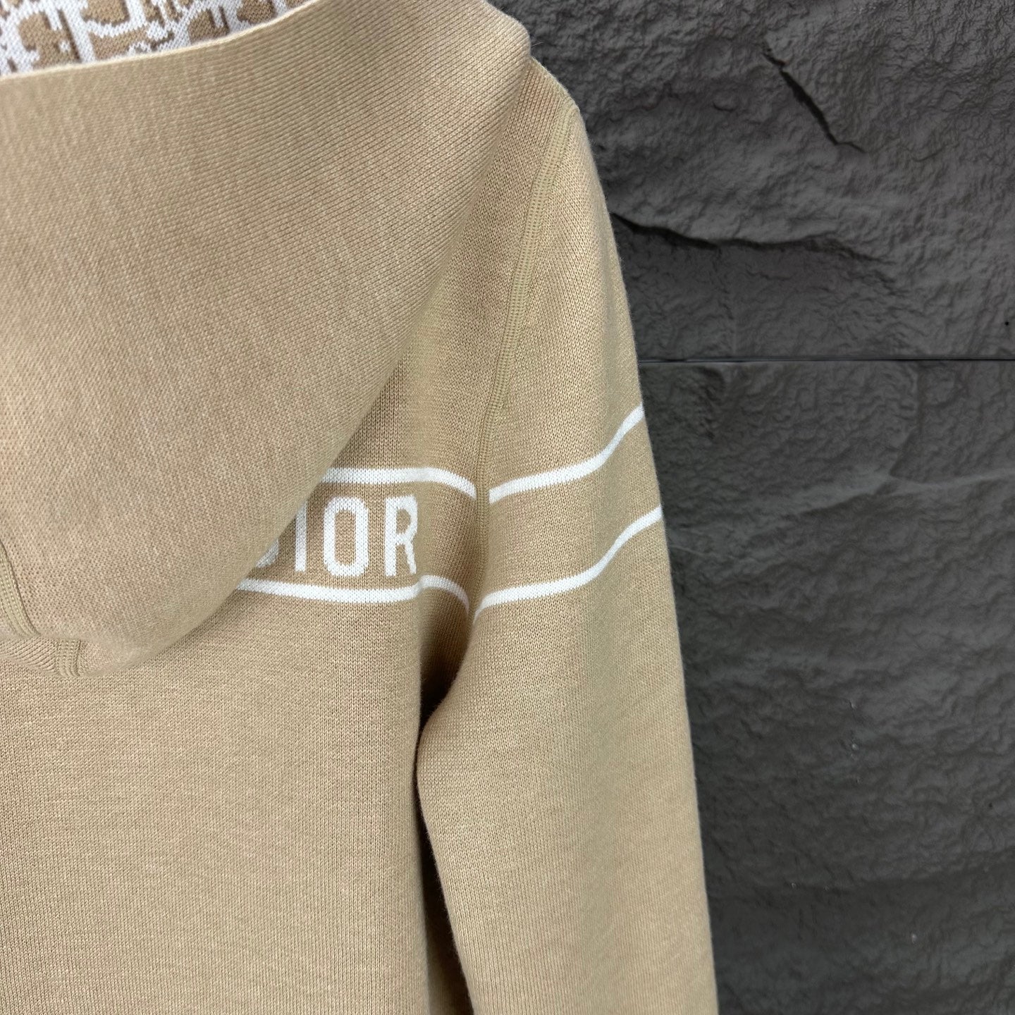 Beige long-sleeve hoodie sleeve with DIOR logo stripe