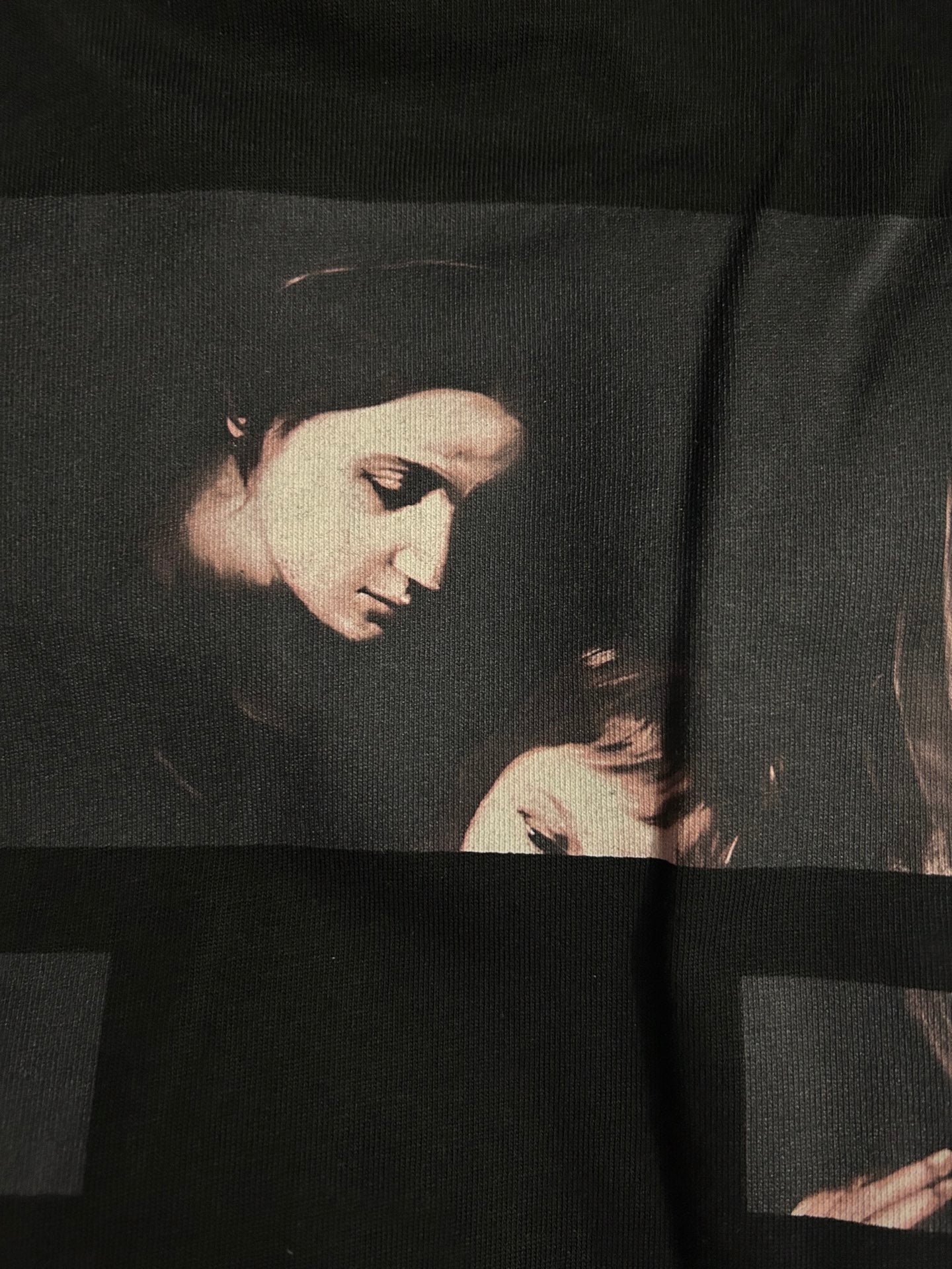 Black Off-White T-shirt with portrait photo graphic detail