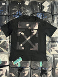 Black Off-White graphic T-shirt with large X and portrait print on back