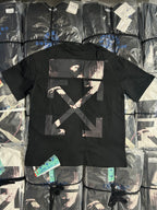 Black Off-White graphic T-shirt with large X and portrait print on back