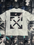 Off-white T-shirt with large black graphic and crossed arrow design on front