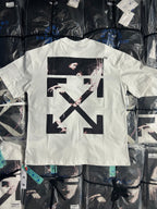 Off-white T-shirt with large black graphic and crossed arrow design on front