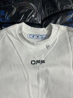 Off-white T-shirt with blue neckline tag and OFFS logo
