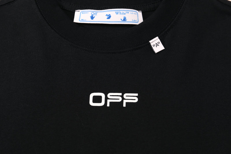Black T-shirt close-up of neck label and 'OPS' chest logo