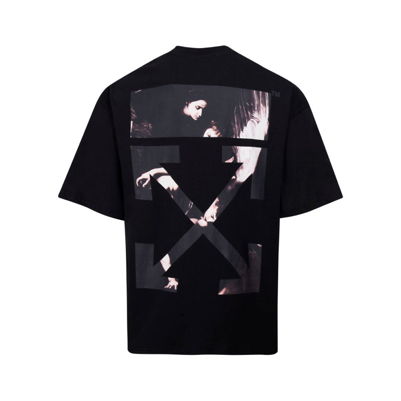 Black graphic T-shirt with large abstract X photo print on front