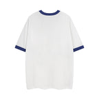 White short-sleeve T-shirt with navy ribbed sleeve cuffs and round collar