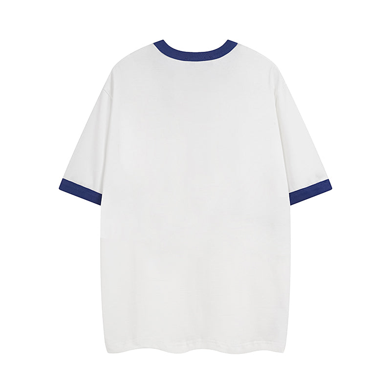White short-sleeve T-shirt with navy ribbed sleeve cuffs and round collar