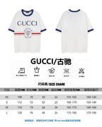 White short-sleeve T-shirt front and back views with size chart