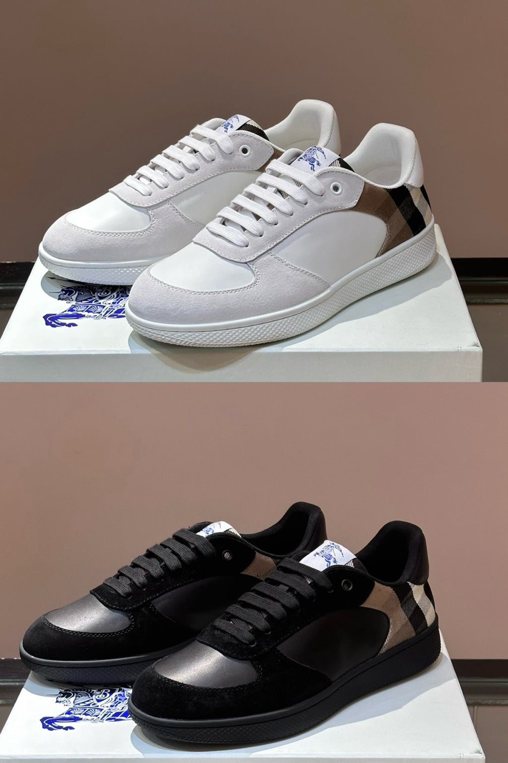 Burberry sneakers: white and black pairs with plaid heel panels and blue logo details
