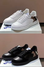 Burberry sneakers: white and black pairs with plaid heel panels and blue logo details