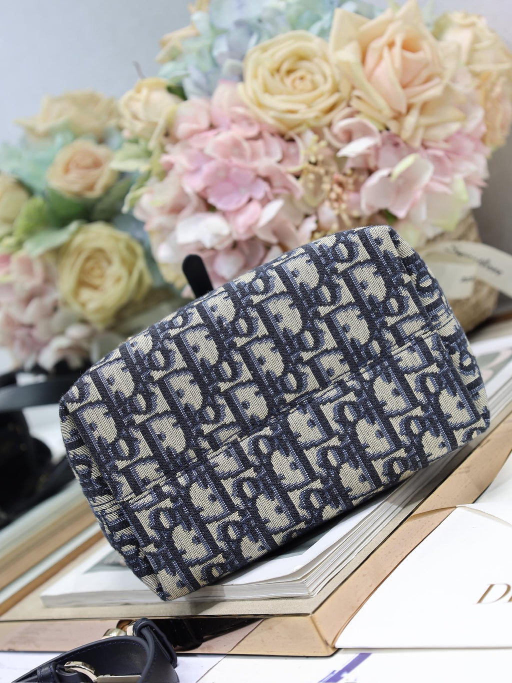 Dior mini crossbody bag with navy and black Dior canvas front panel