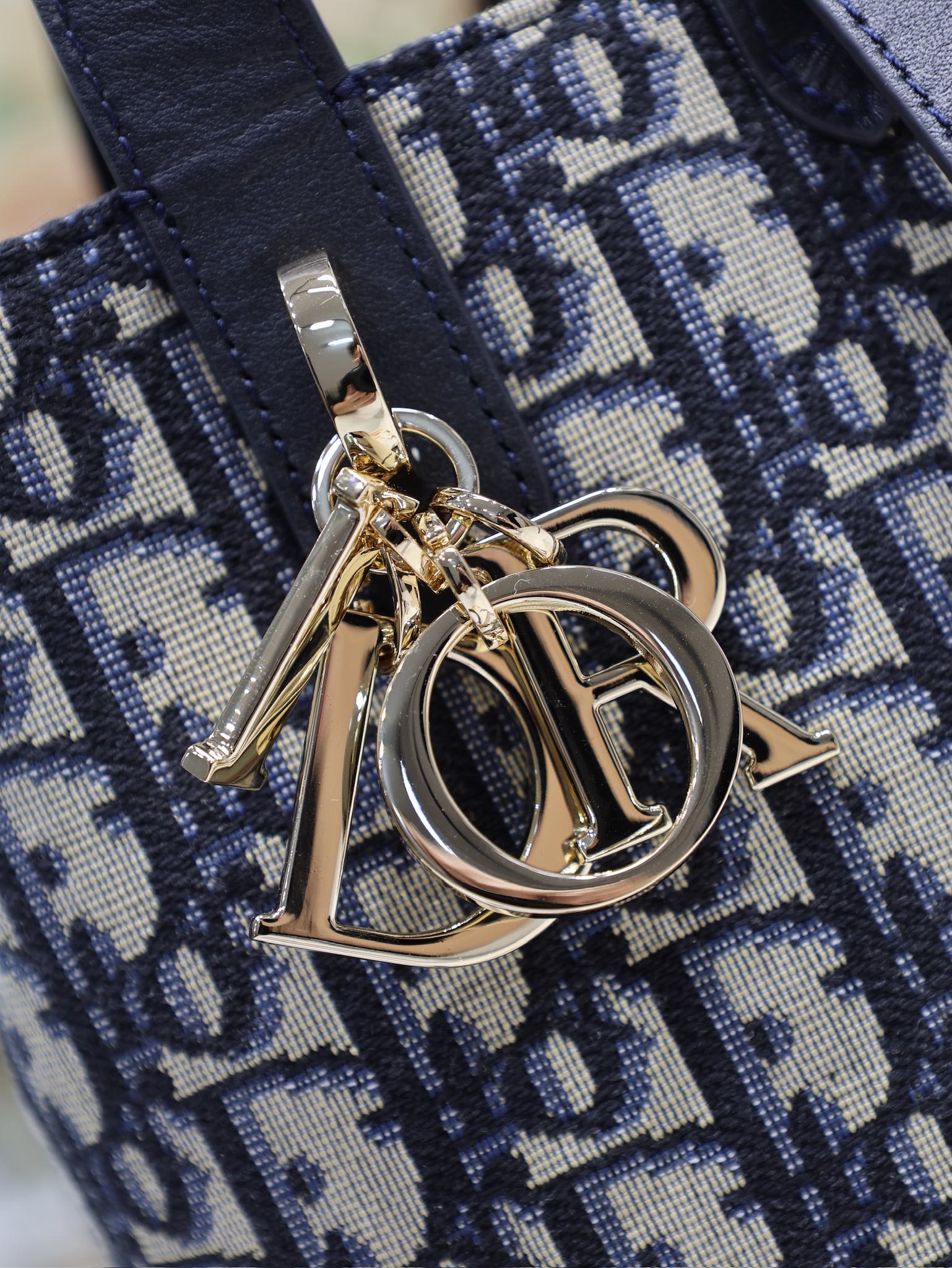 Dior bag clasp detail with gold-tone logo charm on navy and white canvas