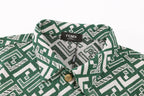 Fendi green patterned button-up shirt collar with small brand patch
