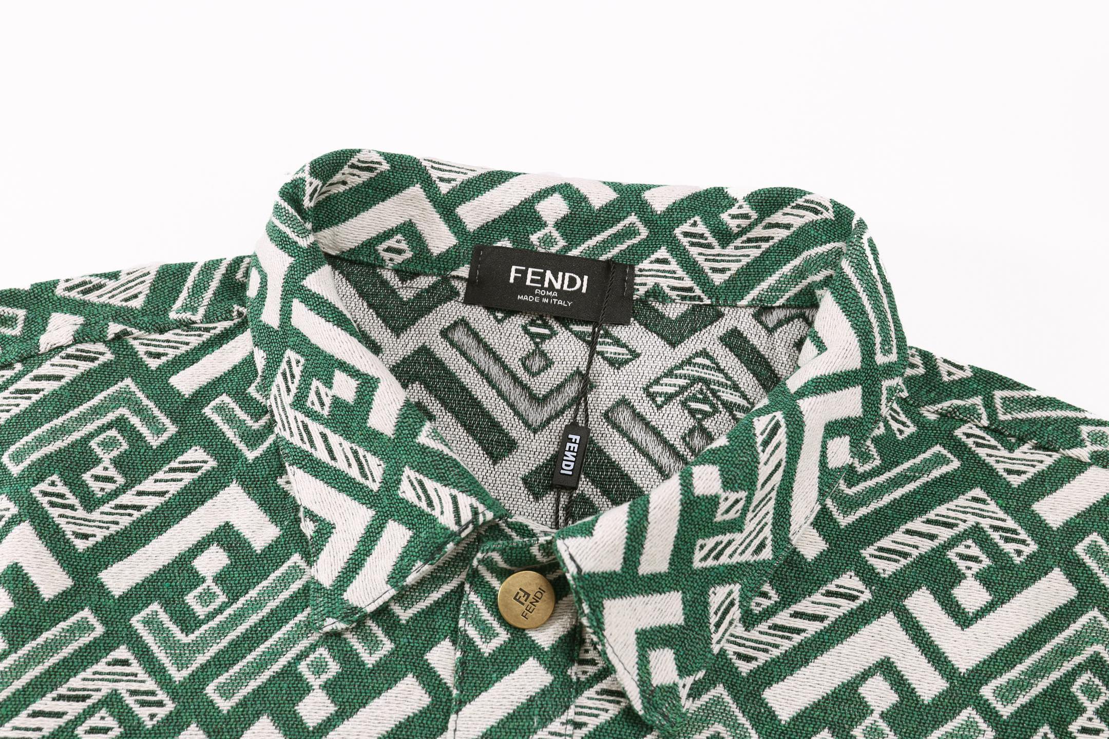 Fendi green patterned button-up shirt collar with small brand patch