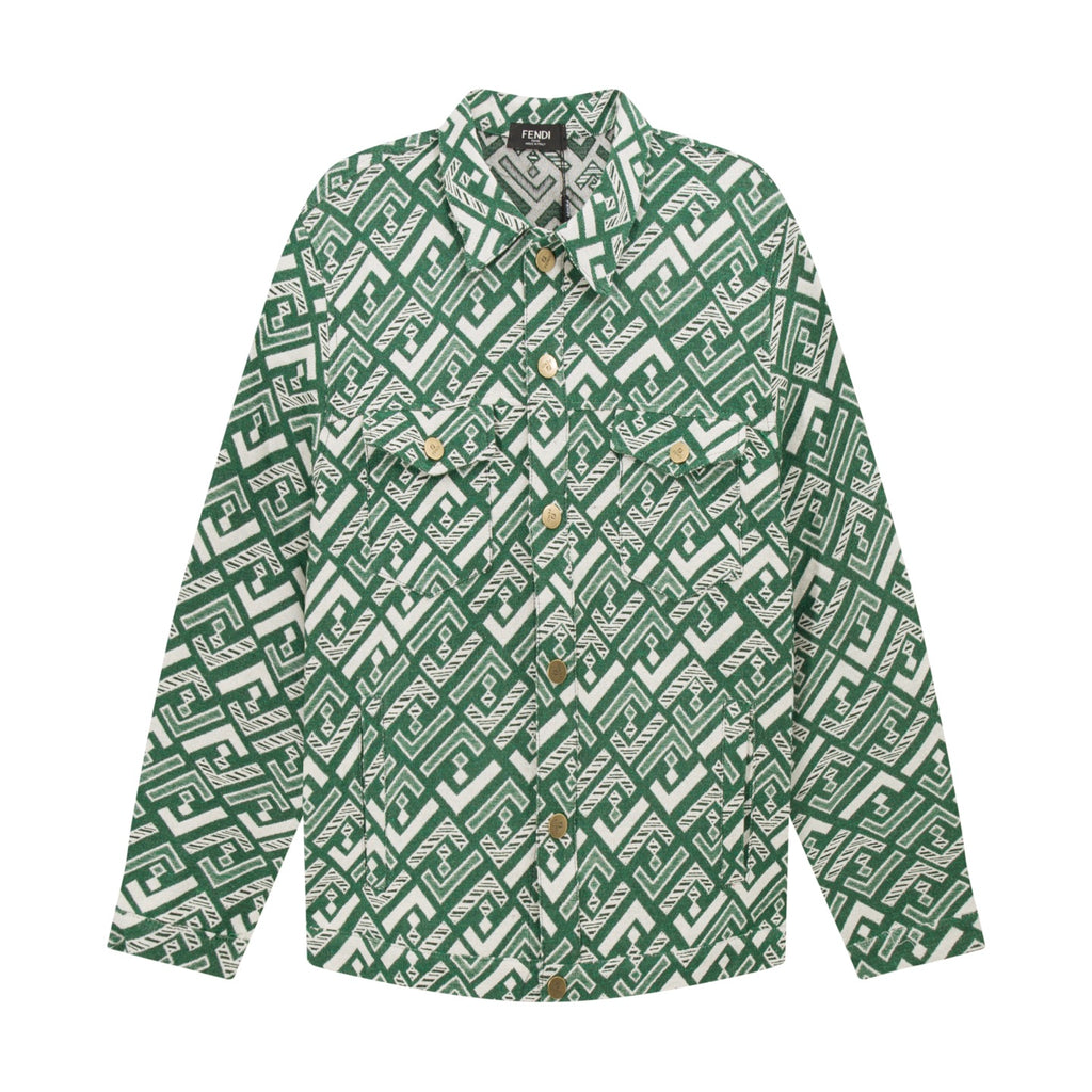 Fendi green button-up shirt with white geometric pattern, long sleeves, button collar