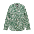 Fendi green button-up shirt with white geometric pattern, long sleeves, button collar