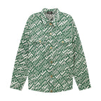Fendi green button-up shirt with white geometric pattern, long sleeves, button collar