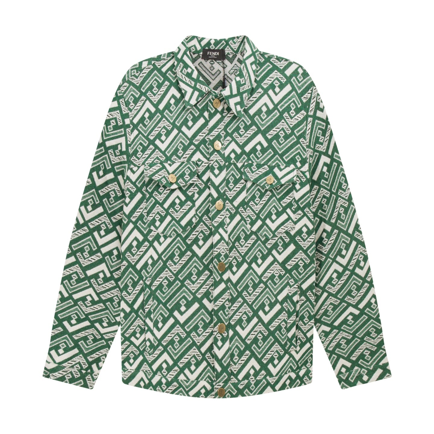 Fendi green button-up shirt with white geometric pattern, long sleeves, button collar