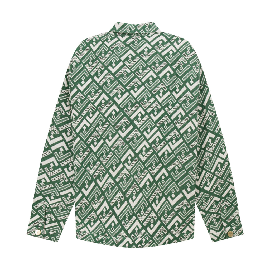 Fendi green button-up shirt with white geometric pattern, long sleeves, open chest view
