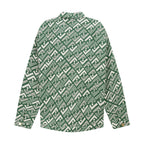 Fendi green button-up shirt with white geometric pattern, long sleeves, open chest view